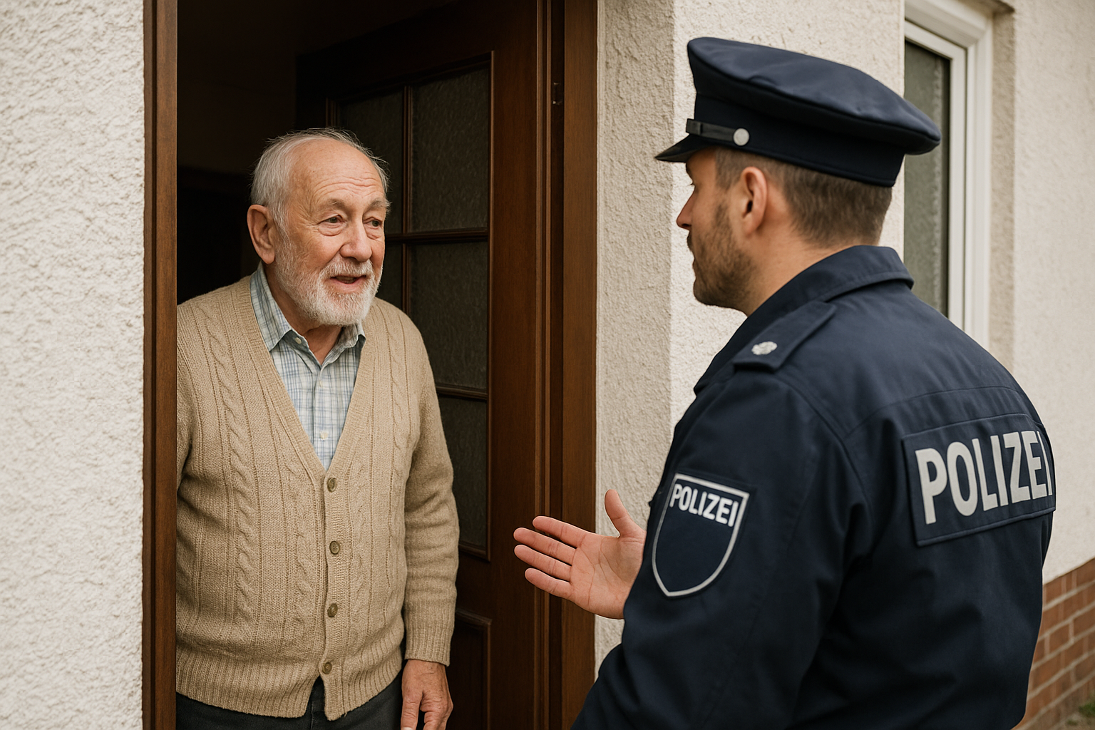 Polizist (mit fehlendem Länderwappen am Ärmel) spricht mit einem älteren Mann an der Haustür.