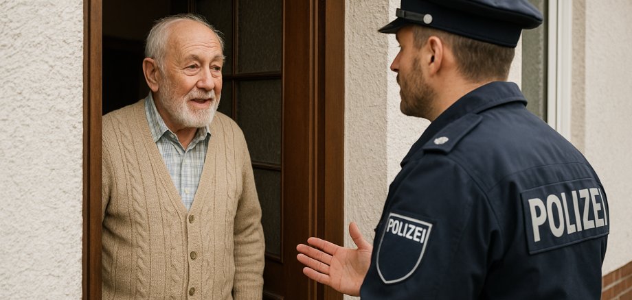Polizist (mit fehlendem Länderwappen am Ärmel) spricht mit einem älteren Mann an der Haustür. Polizist (mit fehlendem Länderwappen am Ärmel) spricht mit einem älteren Mann an der Haustür.