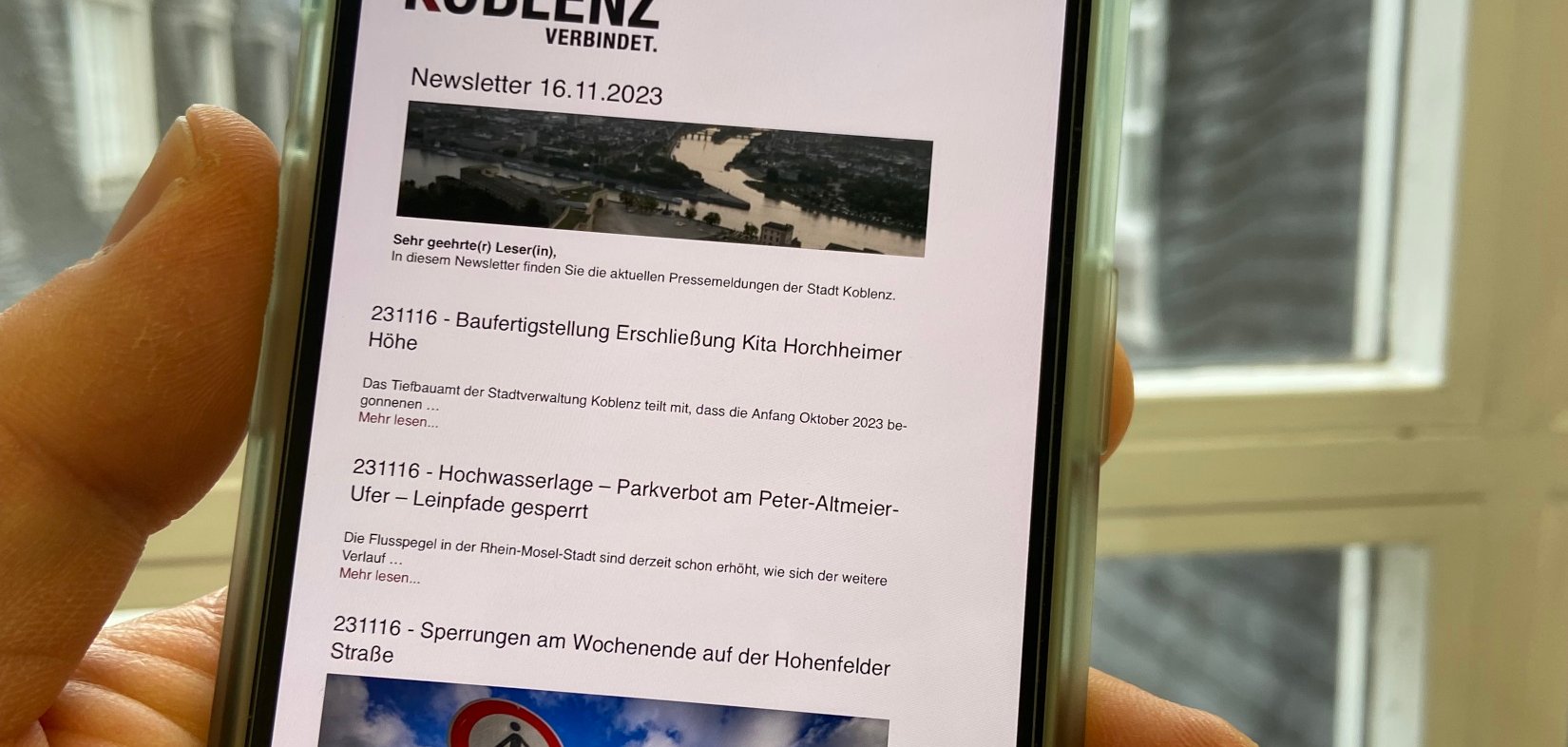 Newsletter Pressemeldungen der Stadt Koblenz - Ansicht auf Smartphone