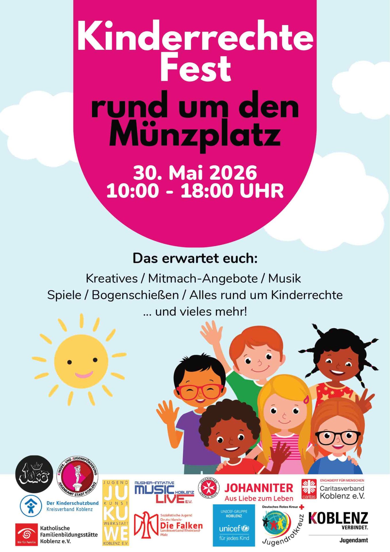 Plakat Kinderrechtefest rund um den Münzplatz, 30.05.2026, 10 - 18 Uhr