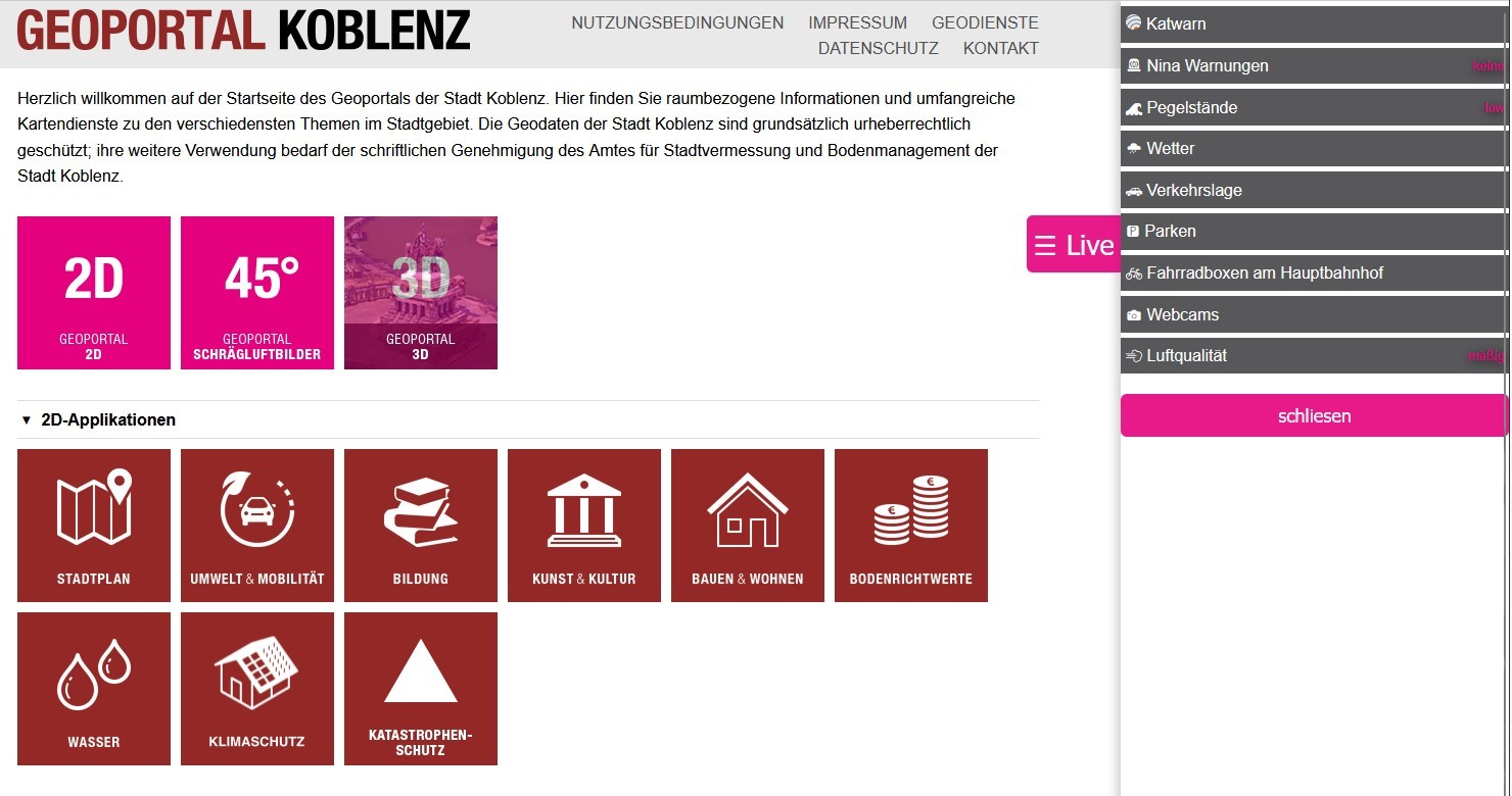 Screenshot Startseite Geoportal Koblenz mit Live-Panel