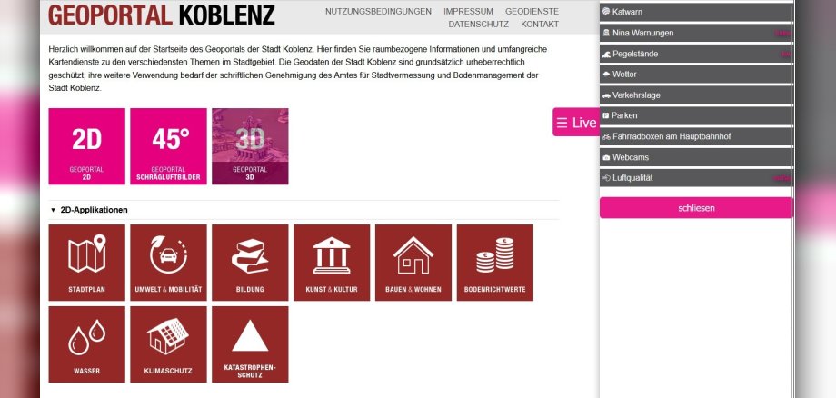 Screenshot Startseite Geoportal Koblenz mit Live-Panel Screenshot Startseite Geoportal Koblenz mit Live-Panel