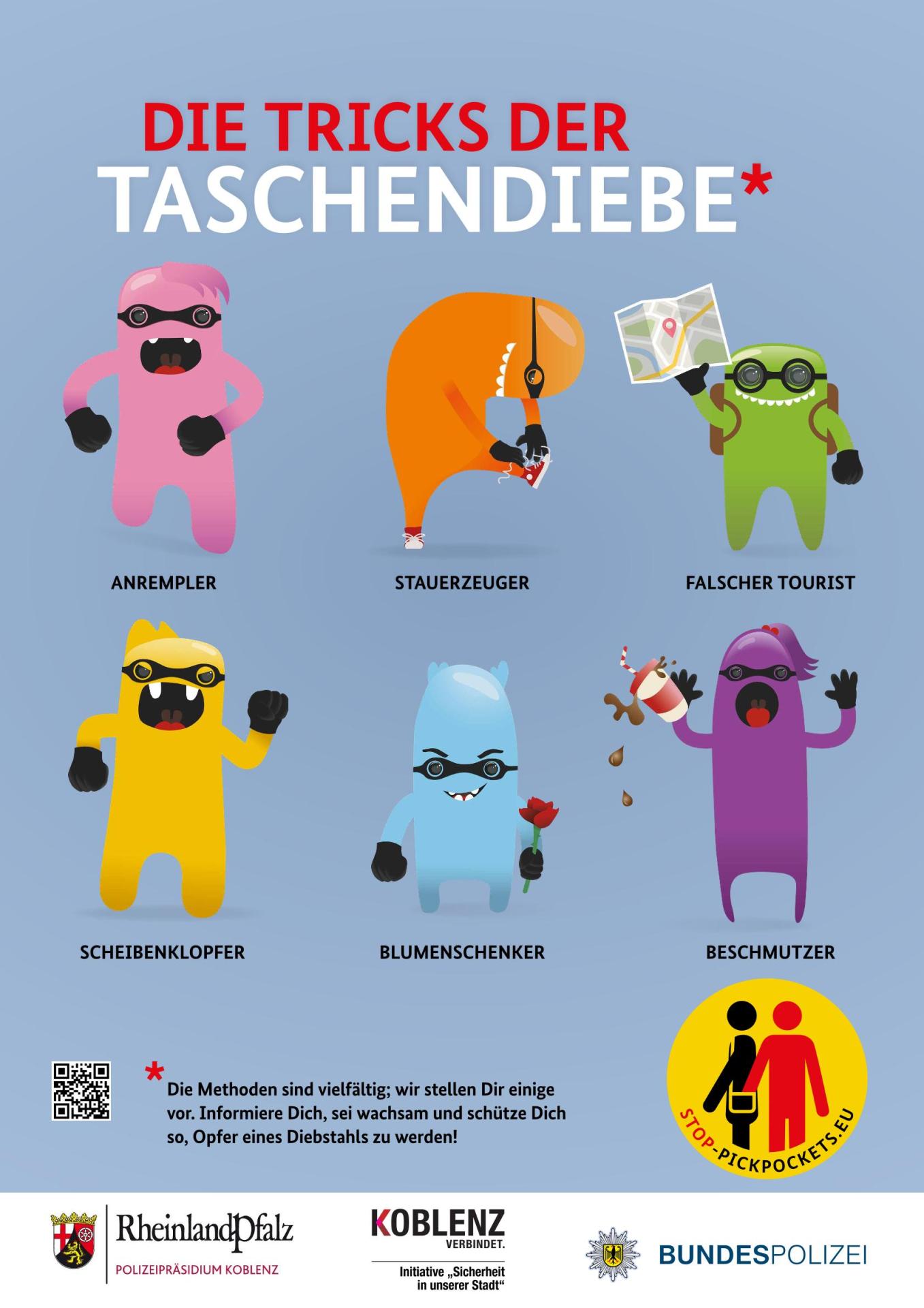 Plakatmotiv zu verschiedenen Tricks der Taschendiebe - herausgegeben von Polizeipräsidium Koblenz, Bundespolizei und Stadt Koblenz - Initiative "Sicherheit in unserer Stadt"