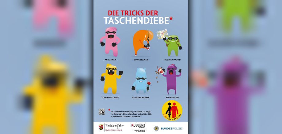 Plakatmotiv zu verschiedenen Tricks der Taschendiebe - herausgegeben von Polizeipräsidium Koblenz, Bundespolizei und Stadt Koblenz - Initiative "Sicherheit in unserer Stadt"
