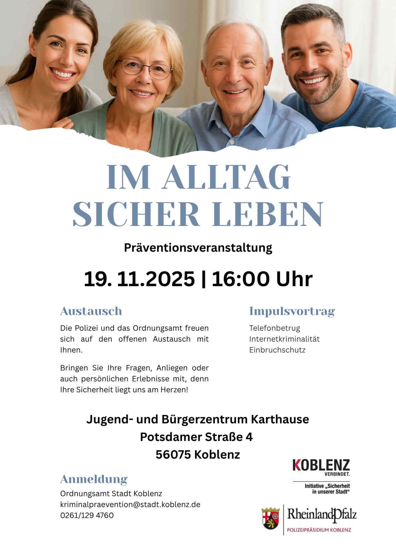 Plakatmotiv Präventionsveranstaltung "Im Alltag sicher leben" - 19.11.2025, 16 Uhr, Jugend- und Bürgerzentrum Karthause