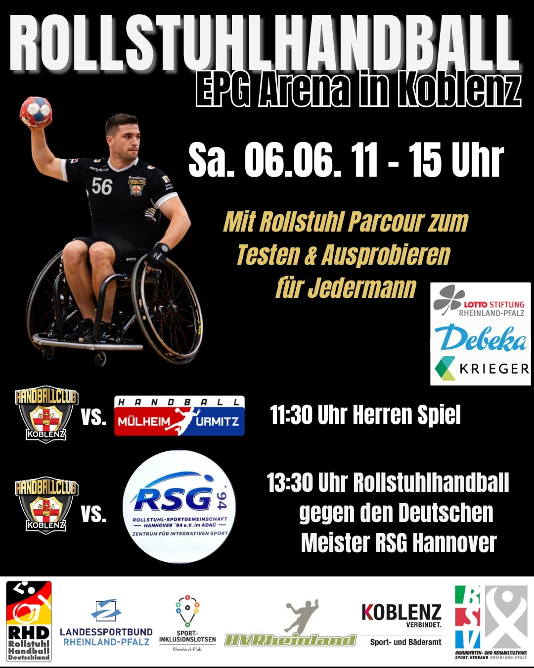 Plakat Rollstuhlhandball-Aktionstag am 6..6.26, 11 bis 15 Uhr, in der EPG-Arena