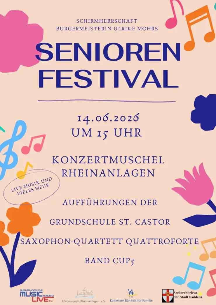 Plakat Seniorenfestival am 14.06.26, 15 Uhr an der Konzertmuschel in den Rheinanlagen