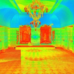 zeigt eine grafische Darstellung einens LaserScannings des Rathaussaals. 