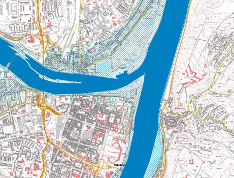 Kartenansicht der Moselmündung mit schraffierter Darstellung von gesetzlicher Überflutungsflächen entlang der Mosel und des Rheins in Koblenz