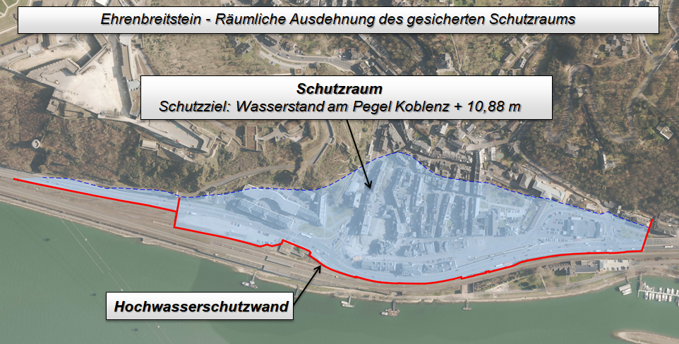 Kartenansicht von Ehrenbreitstein mit Darstellung des Verlaufs der Hochwasserschutzwand sowie dem dahinter geschützten Bereichen bei einem Hochwasser