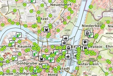 Kartenausschnitt Geoportal Koblenz - Ansicht von Bushaltestellen, Bahnhaltepunkten, E-Ladestationen - Bereich Innenstadt