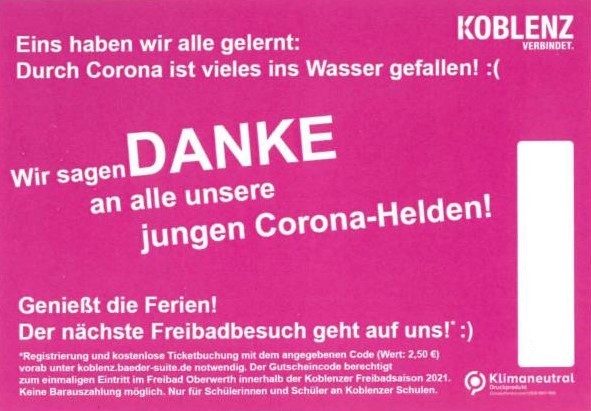 Gutschein junge Corona-Helden Gutschein für einen Freibadbesuch für junge Corona-Helden