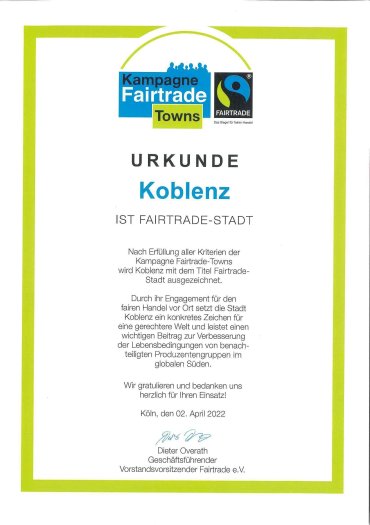 Urkunde, dass Koblenz nun Fair Trade Stadt ist