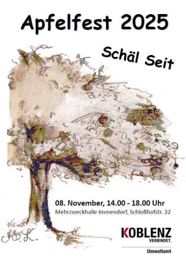 Plakat zum Apfelfest mit der Zeichnung eines Streuobstapfelbaums mit Früchten.