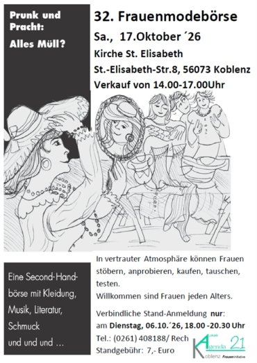 Einladungsplakat zur Frauenmodebörse mit Veranstaltungsdaten und Zeichnung einer Frauengruppe.