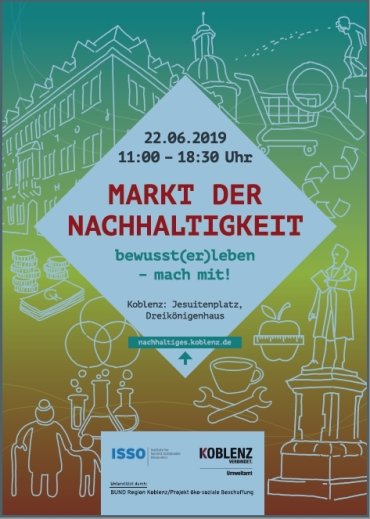 Plakat zum Markt der Nachhaltigkeit mit den Veranstaltungsdaten und schematisierten Darstellungen von Dreikönigenhaus, Schängelbrunnen und anderen Punkten der Altstadt.  