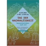 Plakat zum Tag der Nachhaltigkeit 2020 mit den Veranstaltungsdaten und schematischen Darstellungen verschiedener Stellen in der Altstadt, wie dem Schängel oder dem Dreikönigenhaus.