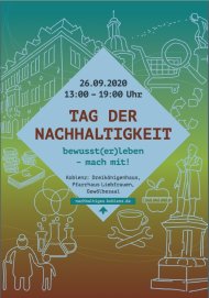 Plakat zum Tag der Nachhaltigkeit 2020 mit den Veranstaltungsdaten und schematischen Darstellungen verschiedener Stellen in der Altstadt, wie dem Schängel oder dem Dreikönigenhaus.
