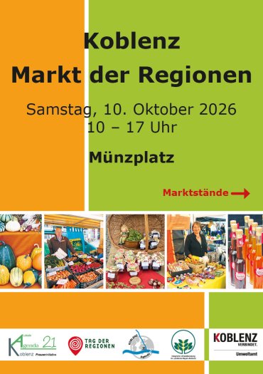 Grün-ockerfarbenes Plakat zum Markt der Regionen mit den Veranstaltungsdaten des Jahres 2019.