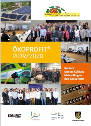 Deckblatt des Ergebnisflyers der ÖKOPRORIT Einsteigerrunde 2019/2020 mit Fotos, die bei den Workshops und Betriebsbegehungen im Projektverlauf entstanden sind. 