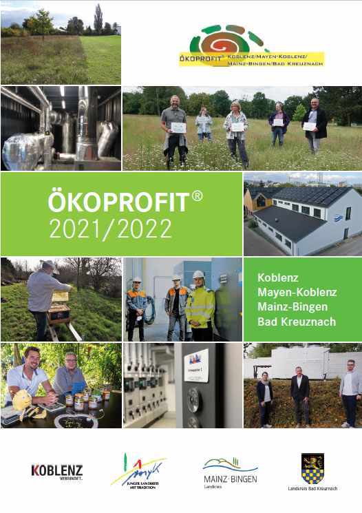 Titelseite des Ergebnisflyers der ÖKOPROFIT-Klub-Runde 2020/2021 mit den Logos der Projektträger und Fotos aus Workshops