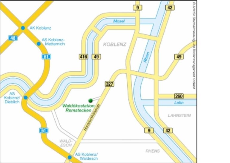 Schematische Darstellung der wichtigsten Fernverkehrsanbindungen, der Flüsse und der Lage der Waldökostation im Stadtwald von Koblenz.