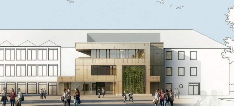 Visualisierung des Erweiterungsbaus der Clemens- Brentano- / Overberg Realschule plus. Visualisierung des Erweiterungsbaus der Clemens- Brentano- / Overberg Realschule plus.