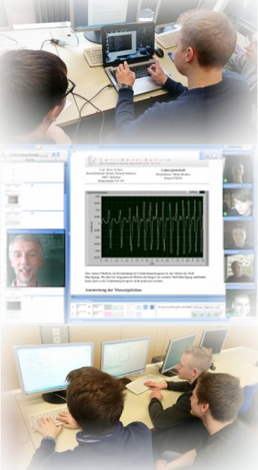 Bildkollage Schulnetz - zwei Bilder zeigen gemeinsam an IT-Arbeitsplätzen arbeitende Schüler, ein Bild zeigt ein Online-Konferenzsystem