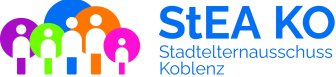 Logo Stadtelternausschuss Koblenz, StEA KO - sichtbar: Piktogramme großer und kleiner Menschen vor bunten Kreisen, 