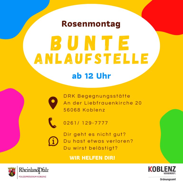 Bunte Anlaufstelle bietet ab 12 Uhr am Rosenmontag Hilfe Bunte Anlaufstelle bietet ab 12 Uhr am Rosenmontag Hilfe