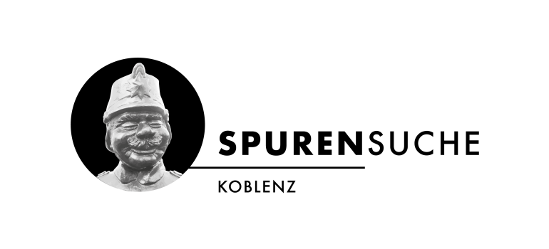 Logo Spurensuche Logo Spurensuche - zu sehen: Kopf der Schutzmann-Skulptur aus der Altstadt und Schriftzug Spurensuche Koblenz
