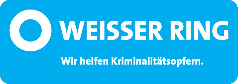 Logo WEISSER RING LOGO WEISSER RING - Weisse Schrift auf blauem Hintergrund - Unterzeile: Wir helfen Kriminalitätsopfern.