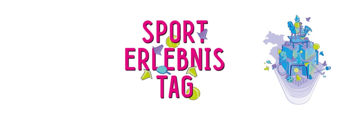 Schriftzug Sporterlebnistag und Deutsches Eck im Comicstil mit vielen Sportgeräten Mountain Biker