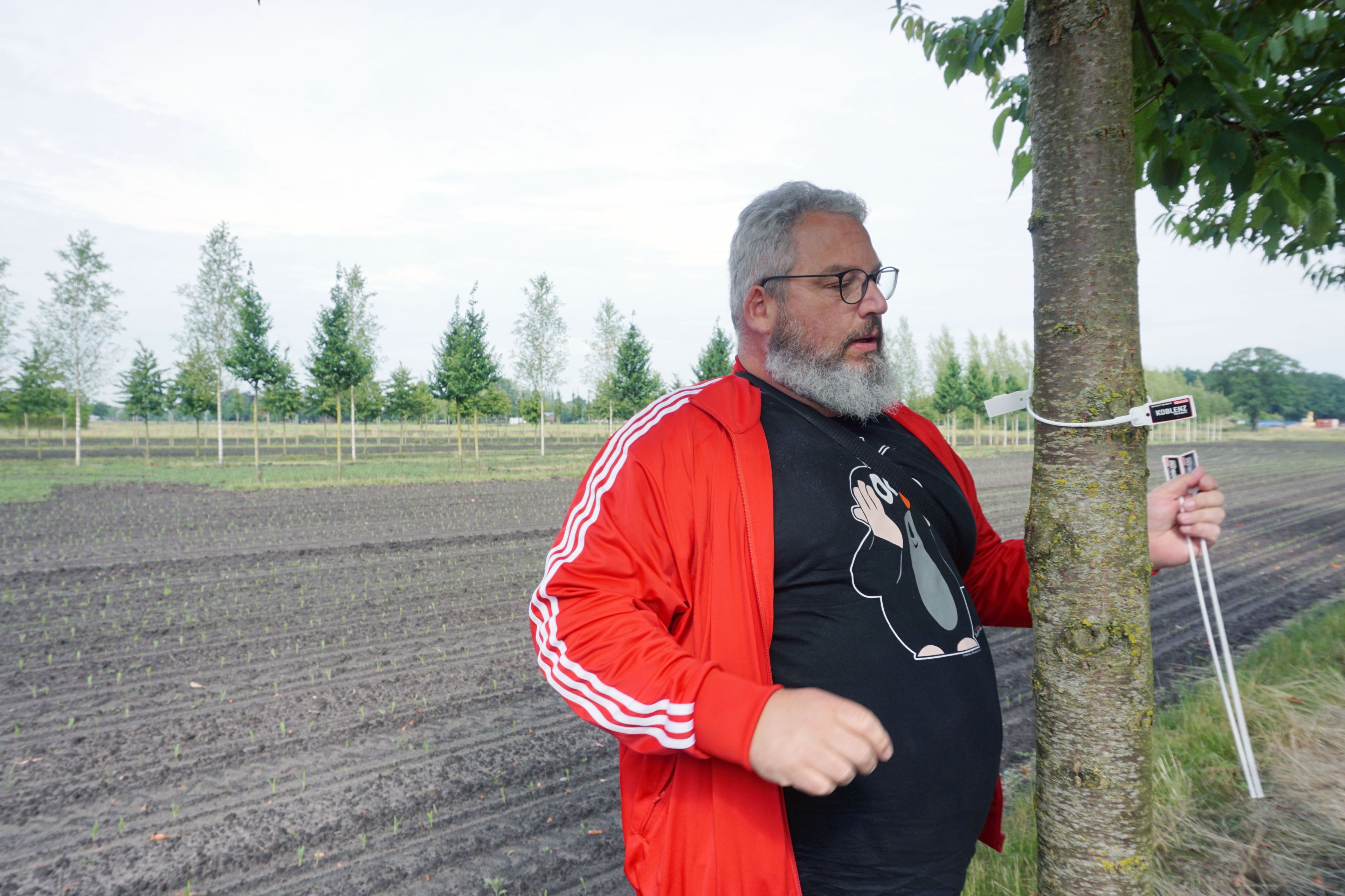 Ein Mann markiert einen Baum mit einem Kunststoffband.