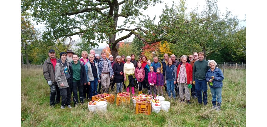Eine große Gruppe von Menschen unter einem Apfelbaum. Im Vordergrund Körbe und Eimer gefüllt mit Äpfeln.