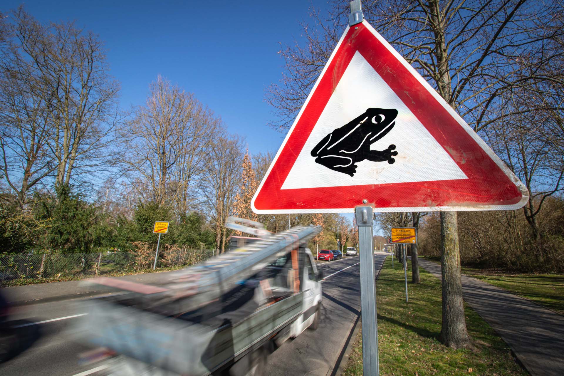 Ein Warnschild zeigt einen Frosch