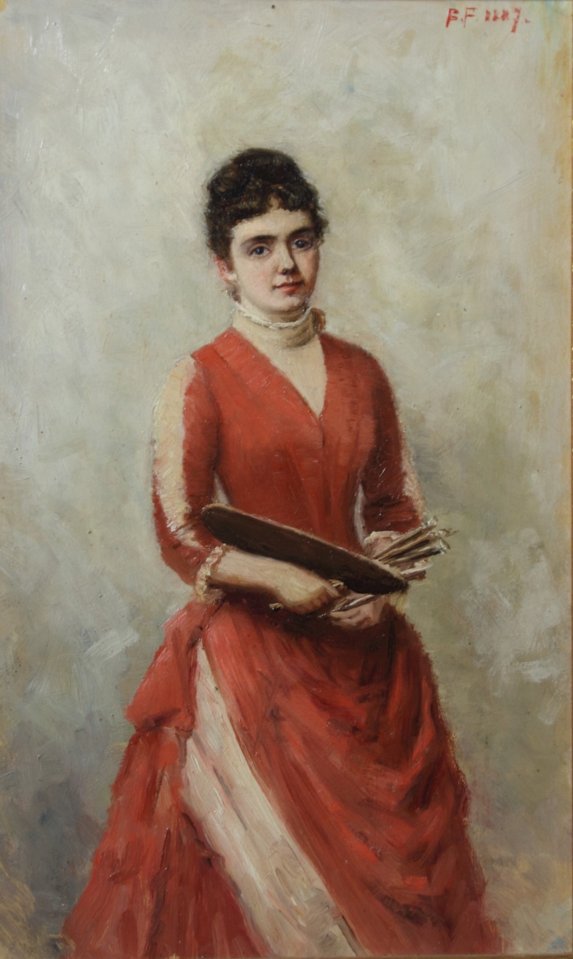 Bertha Falckenberg l Selbstportrait im roten Kleid und mit Malerutensilien l 1887