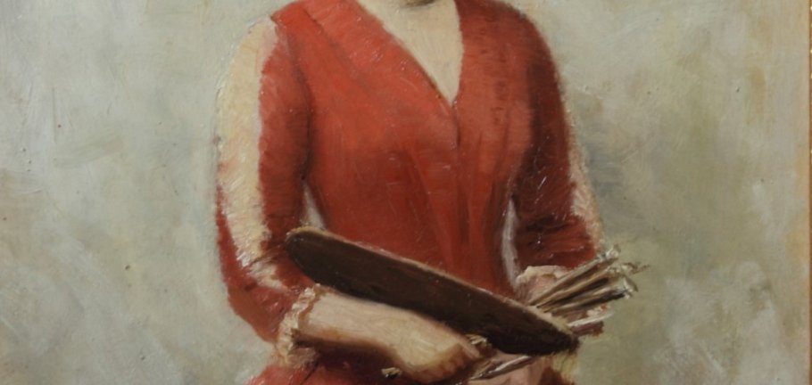 Bertha Falckenberg l Selbstportrait im roten Kleid und mit Malerutensilien l 1887