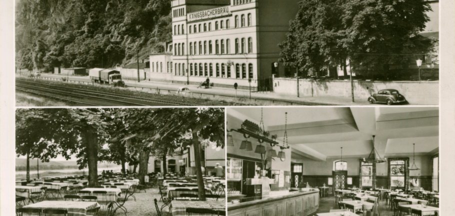 Eine Ansichtskarten mit drei historischen Motiven einer Brauerei.