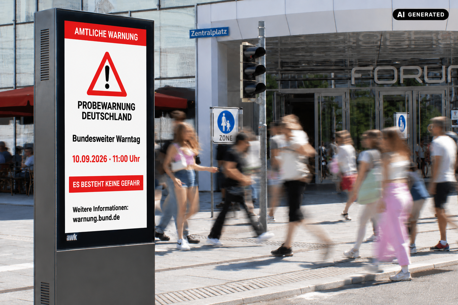 Mockup Amtliche Warnung auf Screen am Zentralplatz