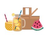 Picknick Korb mit Obst und sommerlichem Getränk Picknick Korb mit Obst und sommerlichem Getränk