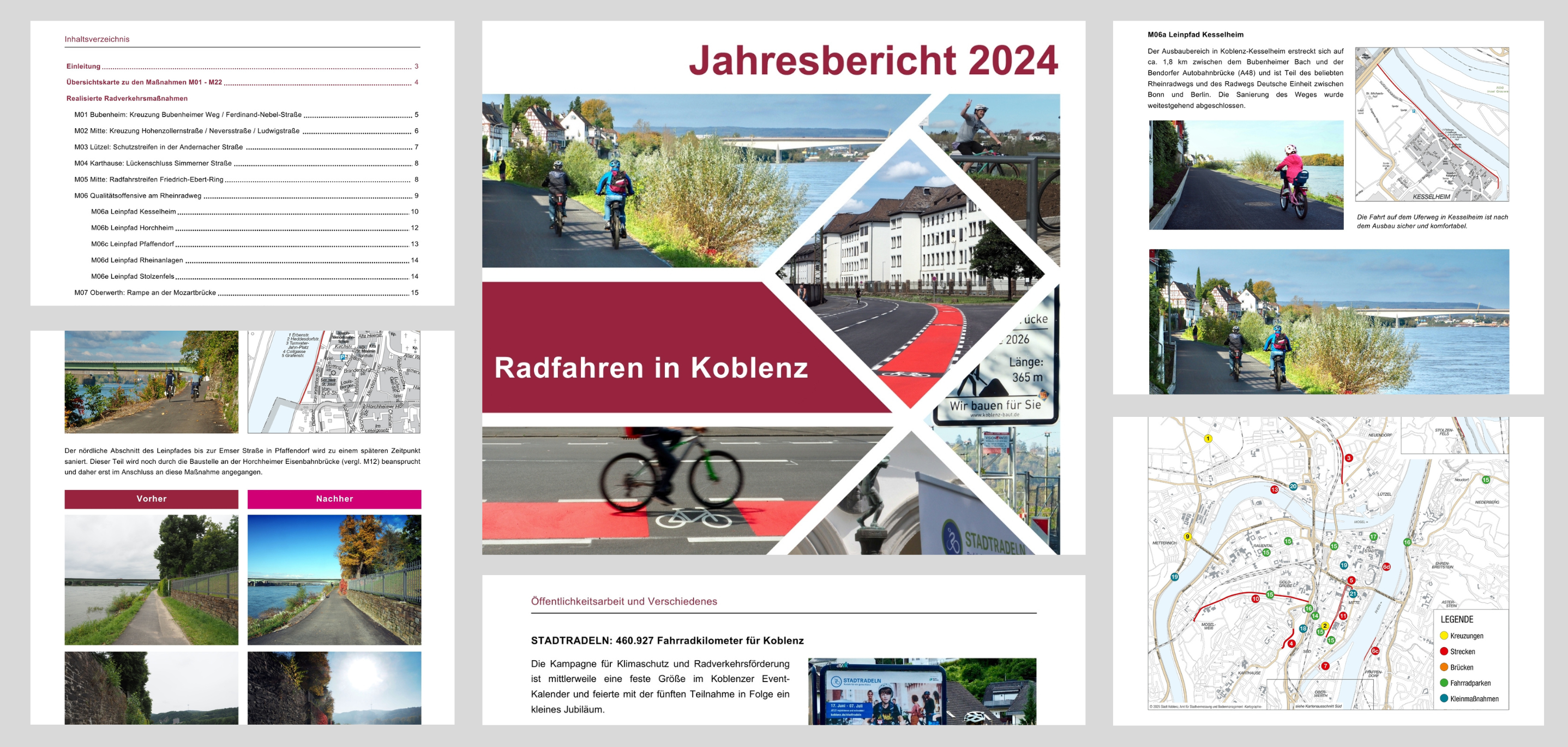 Im Jahresbericht 2024 zu "Radfahren in Koblenz" wird ausführlich und anschaulich beschrieben, welche Radverkehrsmaßnahmen fertiggestellt werden konnten, welche Themen der Öffentlichkeitsarbeit bearbeitet wurden und welche gestarteten Projekte noch in der Umsetzung sind. Ein kurzer Ausblick auf anstehende Radverkehrsmaßnahmen ist ebenfalls integriert. 