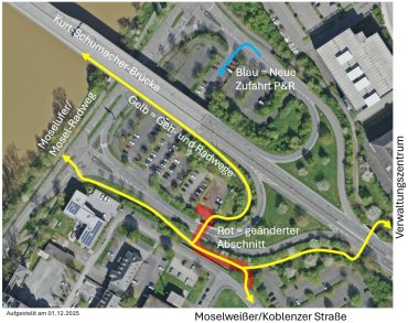 Die Übersichtskarte visualisiert die Verkehrsbeziehungen im Bereich der Kurt-Schumacher-Brücke auf der Moselweißer Seite. Die Übersichtskarte visualisiert die Verkehrsbeziehungen im Bereich der Kurt-Schumacher-Brücke auf der Moselweißer Seite.