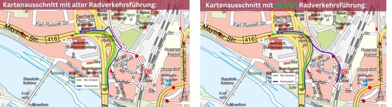 Kartenausschnitt mit alter und neuer Radverkehrsführung Kartenausschnitt mit alter und neuer Radverkehrsführung