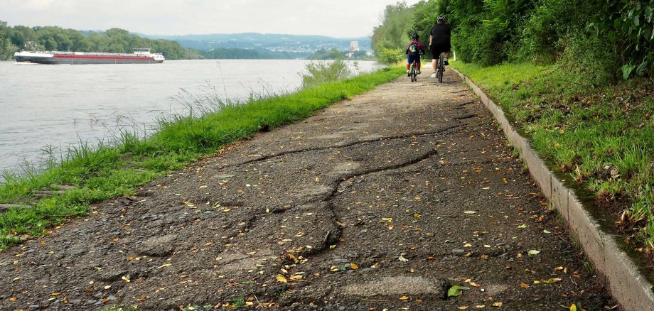 Sanierungsbedürftige und sehr schmale touristische Radroute in Kesselheim zwischen Bendorfer Autobahnbrücke und Koblenz