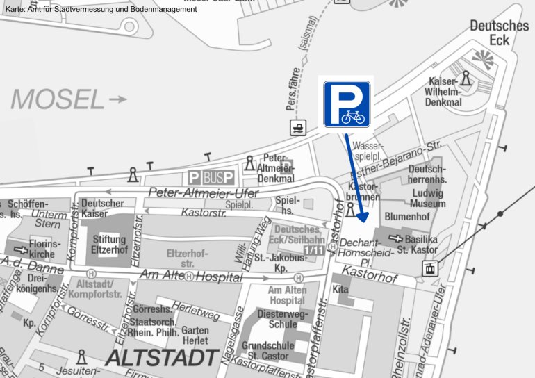 Der Fahrradparkplatz für 250 Fahrräder während des Sommerfestes Rhein in Flammen befindet sich in diesem Jahr vor der Basilika St. Kastor am Deutschen Eck. Der Fahrradparkplatz für 250 Fahrräder während des Sommerfestes Rhein in Flammen befindet sich in diesem Jahr vor der Basilika St. Kastor am Deutschen Eck.