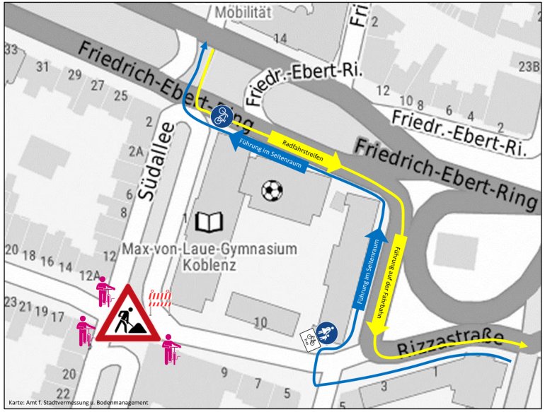 Umleitung der Verbindung Pfaffendorfer Brücke - Zentrum während der Bauphase im Kreuzungsbereich Südallee / Rizzastraße Umleitung der Verbindung Pfaffendorfer Brücke - Zentrum während der Bauphase im Kreuzungsbereich Südallee / Rizzastraße