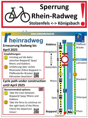 Infotafel zur baustellenbedingten Sperrung des Rheinradweges zwischen Koblenz Königsbach und Stolzenfels Infotafel zur baustellenbedingten Sperrung des Rheinradweges zwischen Koblenz Königsbach und Stolzenfels