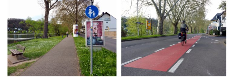 In Richtung Deutsches Eck ist der Weg als reiner Gehweg beschildert. Das Befahren mit dem Fahrrad oder E-Scooter in diese Richtung ist nicht gestattet. Radfahrern steht stattdessen ein Radschutzstreifen zur Verfügung, der an den Einmündungen rot eingefärbt ist.