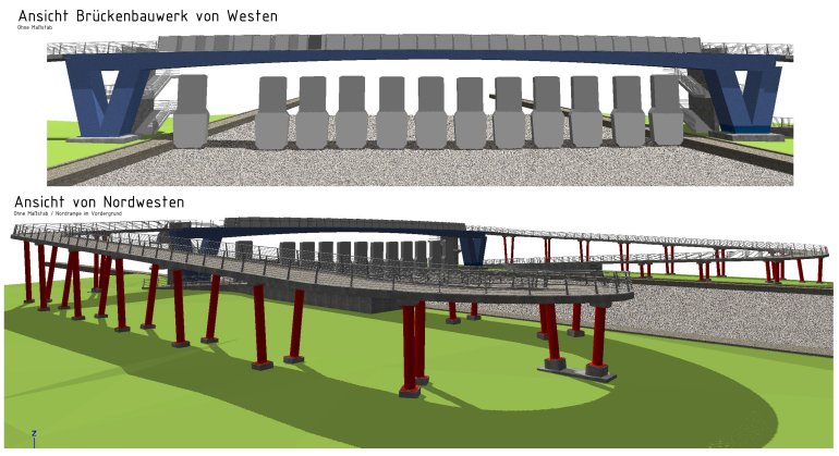 3D-Ansichten des Brückenbauwerks von Westen und von Nordwesten 3D-Ansichten des Brückenbauwerks von Westen und von Nordwesten